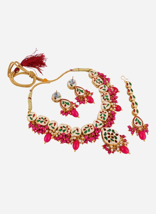 M/S LUCKY JEWELLERY مجموعة مجوهرات لUCKY 18 قيراط مطلية بالذهب مع كوندان مزينة ومزخرفة بالخرز - Image 3