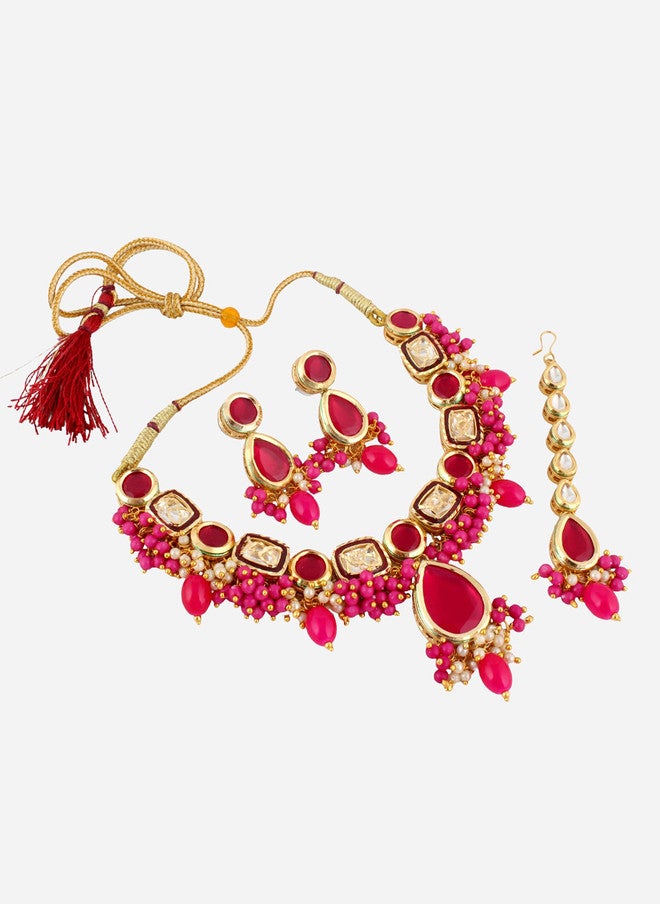 M/S LUCKY JEWELLERY مجموعة مجوهرات لUCKY 18 قيراط مطلية بالذهب مع كوندان مزينة ومزخرفة بالخرز - Image 2