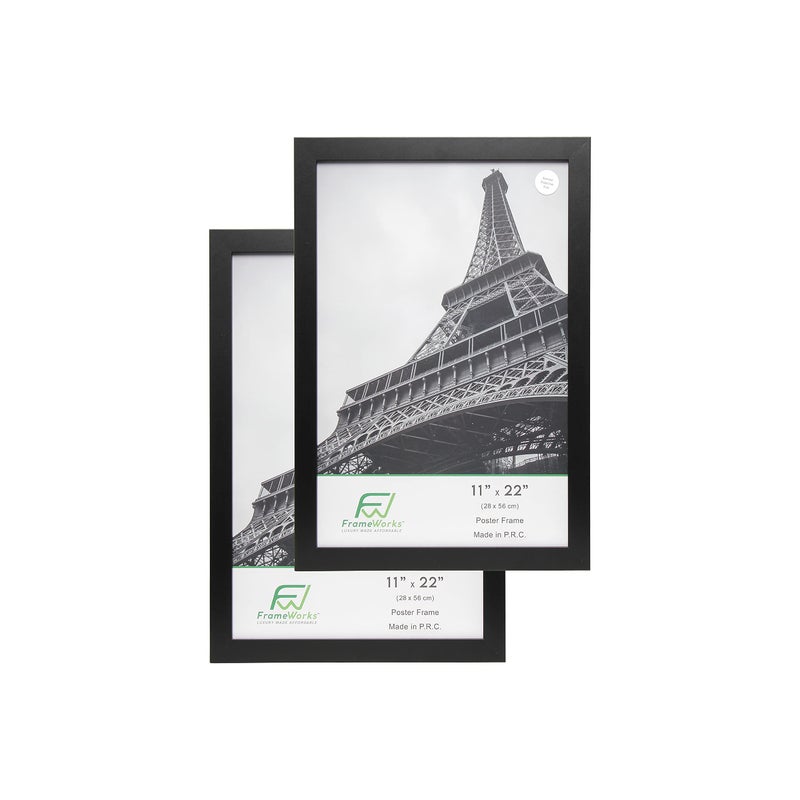 FrameWorks 11x22 Wooden Poster Frame Classic Black Matte Edged Frames wShatterproof Acrylic Glass Photos Posters Prints Wall Decor  Home Office Gallery Display  Black  2 Pack