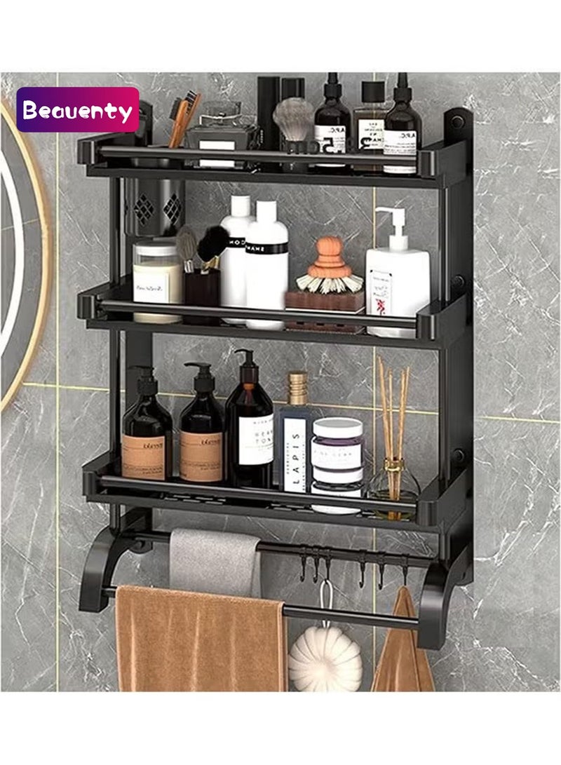 Beauenty 3 Tier Bathroom Shelf with Towel Bar,Wall Mounted Bathroom Shelf with Cup Holder,Organize Toiletries for Home/Hotel/Apartment(Black 60cm) - Image 1