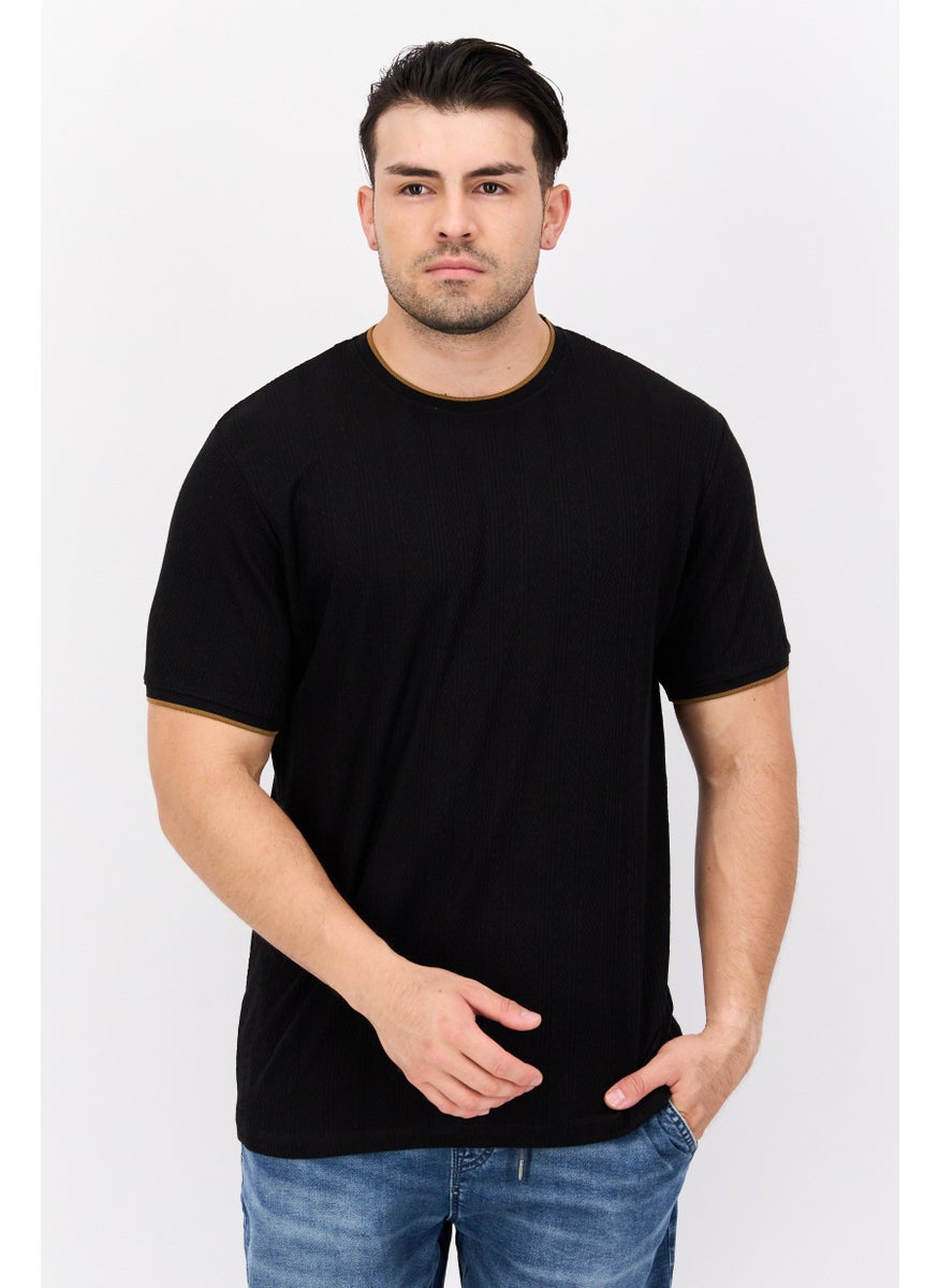Cactus Man by Ricky Singh - Men Round Neck Short Sleeve Textured T-Shirt, Black - Image 1