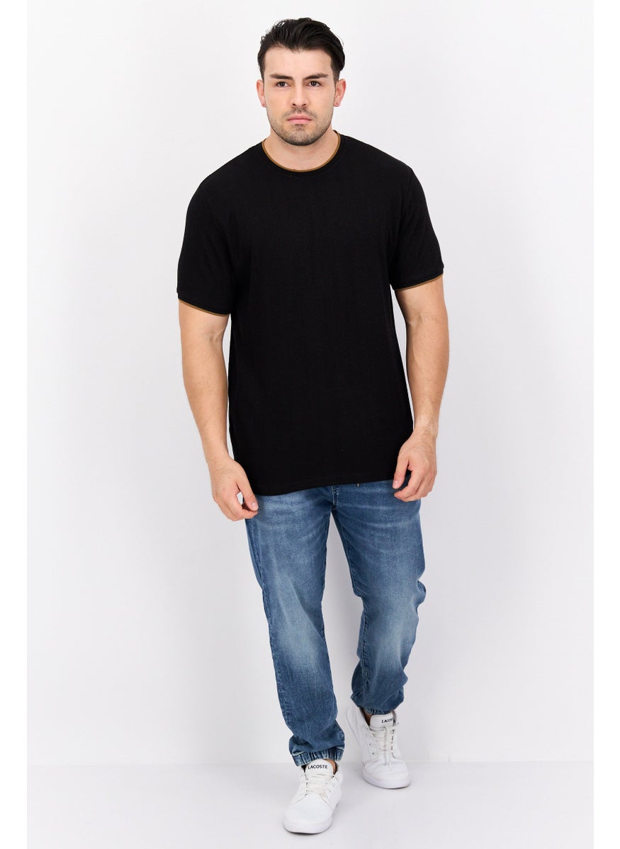 Cactus Man by Ricky Singh - Men Round Neck Short Sleeve Textured T-Shirt, Black - Image 1