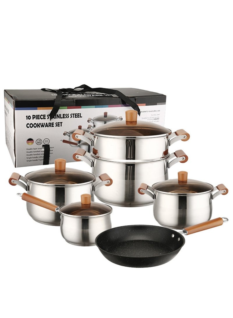 10-piece stainless steel cookware set - frying pan, non-stick frying pan for home and restaurant, suitable for all stoves, versatile kitchen essentials, dishwasher safe. Gift/home/hotel/restaurant  - Image 1