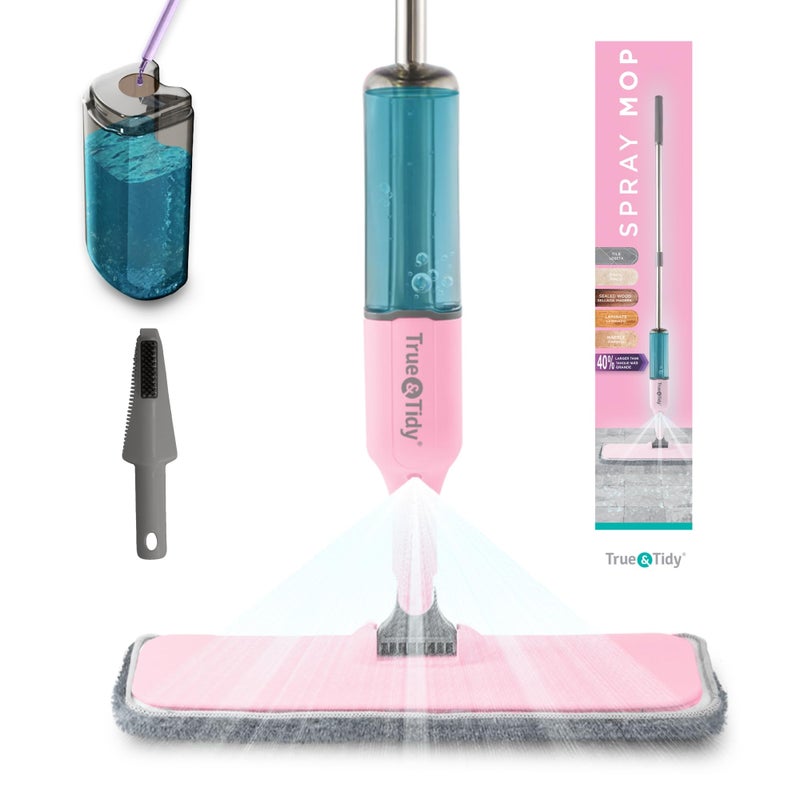 True & TidyÂ® SPRAY-250 ممسحة متعددة الأسطح برذاذ مع زجاجة ماء قابلة لإعادة التعبئة سعة 490 مل لتنظيف الأرضيات، تعمل على الخشب، البلاط، الرخام، إلخ، استخدم أي محلول تنظيف، وسادات ممسحة ميكروفايبر قابلة للغسل في الغسالة - Image 1