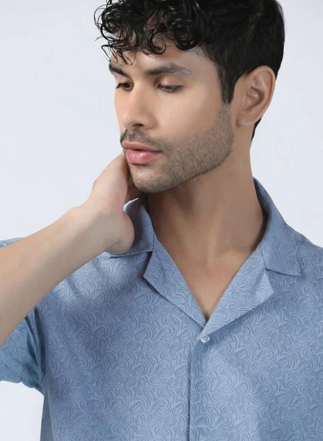Take Two Men Blue Wave Pattern Cotton Shirt