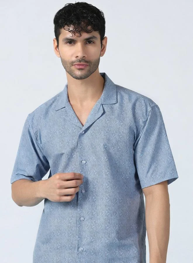Take Two Men Blue Wave Pattern Cotton Shirt