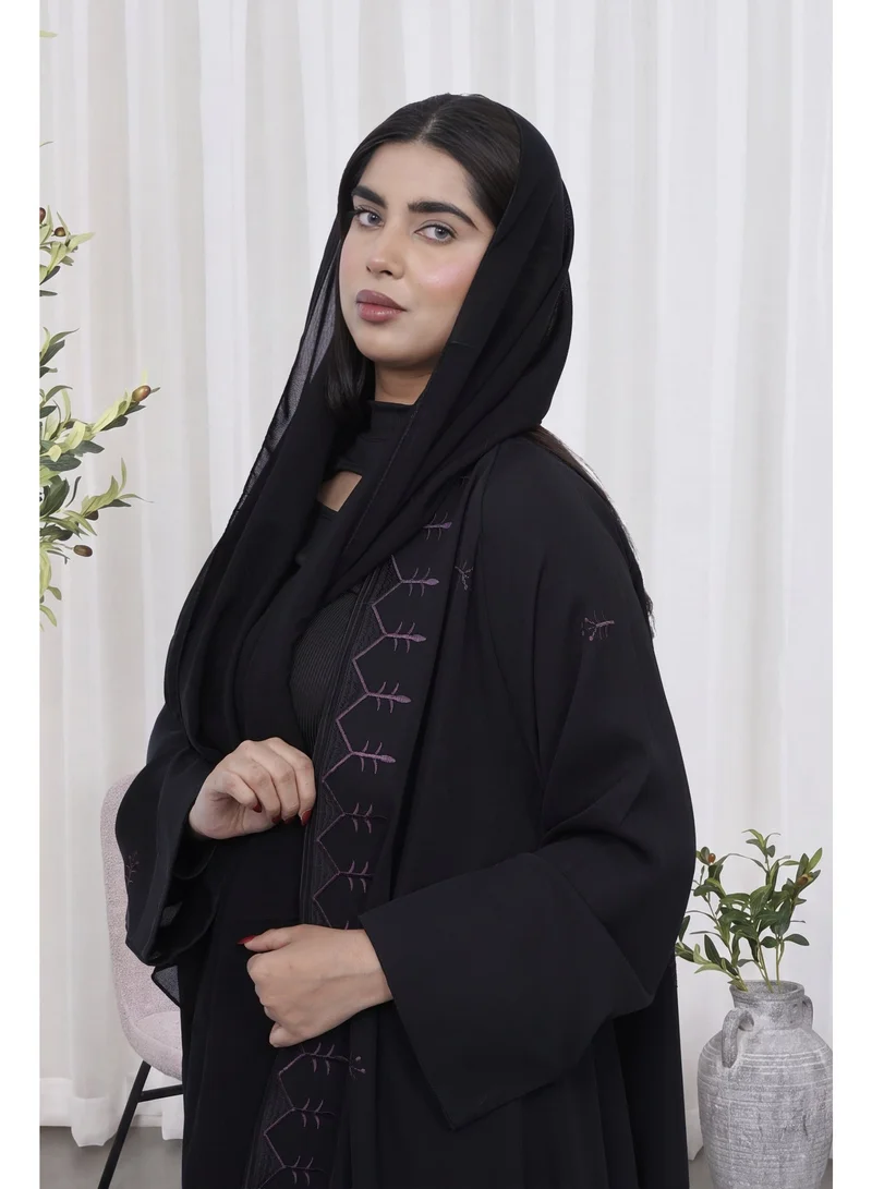 Fashion Line Elegant Front-Open Black Abaya with Minimalist Linear Geometric Embroidery & Matching Sheila