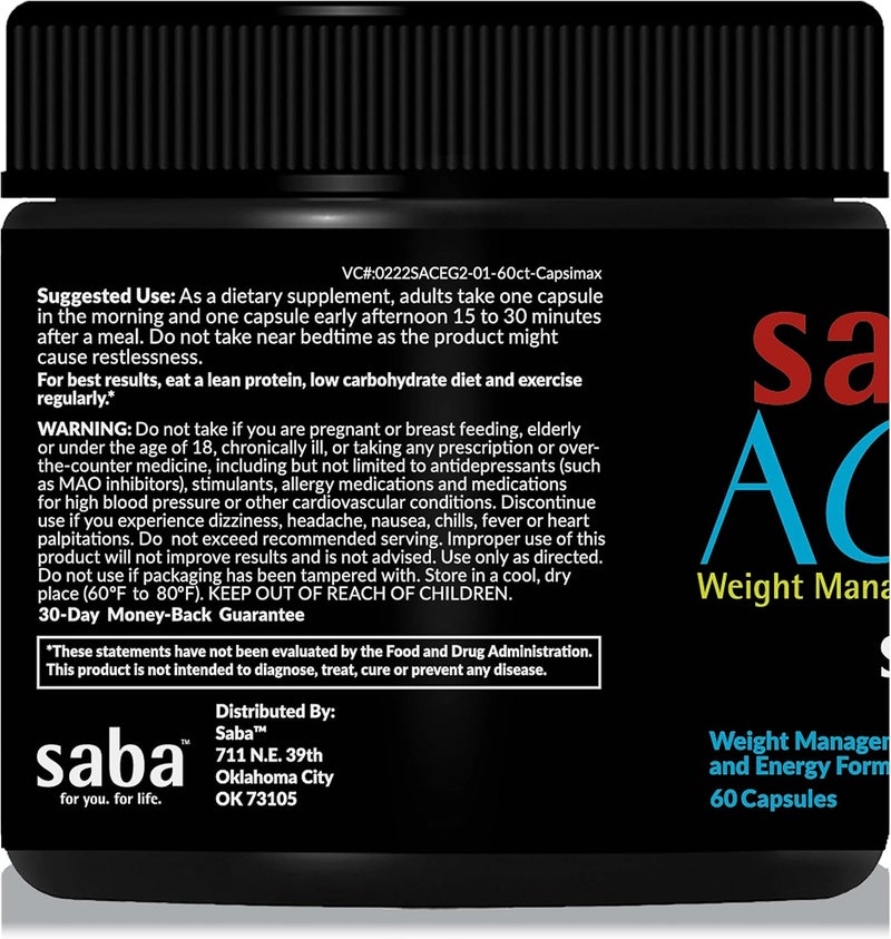 Saba Kombucha Saba ACE G2 Thermogenic Energy Burn Pre Workout Metabolism Focus Concentration with Capsimax CarnoSyn BioPerine Green Tea Leaf Extract for Men  Women 60 Capsules - Image 2