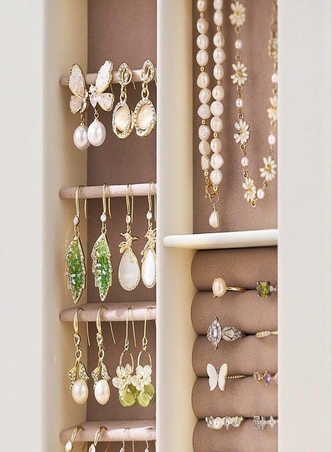 pickpiff منظم صندوق المجوهرات للنساء: حالة تخزين عمودية دوارة 360 درجة، جلد عاجي مع مخمل وردي، حامل خواتم وأساور وقلائد، زينة هدايا، 10 × 8.7 × 3.9 إنش - Image 5