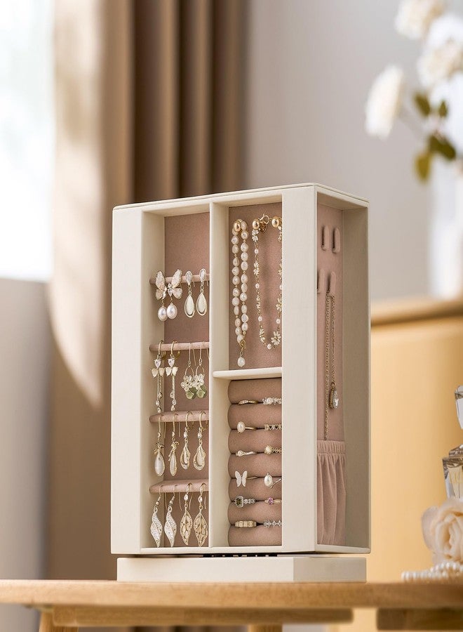 pickpiff منظم صندوق المجوهرات للنساء: حالة تخزين عمودية دوارة 360 درجة، جلد عاجي مع مخمل وردي، حامل خواتم وأساور وقلائد، زينة هدايا، 10 × 8.7 × 3.9 إنش - Image 4
