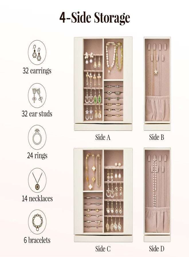 pickpiff منظم صندوق المجوهرات للنساء: حالة تخزين عمودية دوارة 360 درجة، جلد عاجي مع مخمل وردي، حامل خواتم وأساور وقلائد، زينة هدايا، 10 × 8.7 × 3.9 إنش - Image 3
