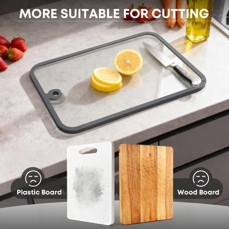 PTYTIFY Dishwasher Safe Tempered Glass Cutting Boards for Kitchen Counter, PTYTIFY 3pcs Clear Cutting Board for Countertop with Hanging Hole, Heat Resistant, Non Toxic, Scratch Resistant (Gray) - Image 4