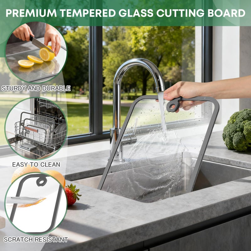 PTYTIFY Dishwasher Safe Tempered Glass Cutting Boards for Kitchen Counter, PTYTIFY 3pcs Clear Cutting Board for Countertop with Hanging Hole, Heat Resistant, Non Toxic, Scratch Resistant (Gray) - Image 5