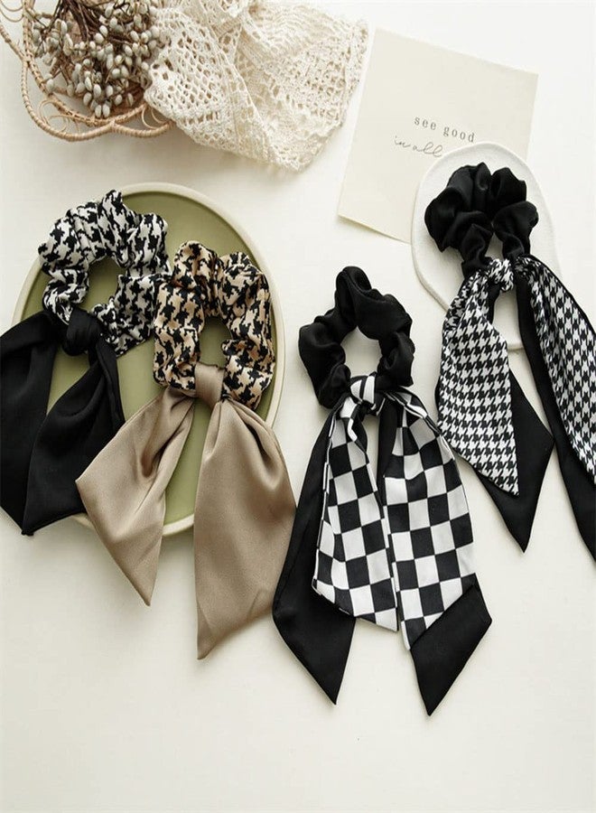 DINPREY 4PCS Short Hair Scarf with Ribbon Bow Scrunchies, Plaid Hair Ties, Chiffon Bowknot Hair Scrunchies for Women - Image 4