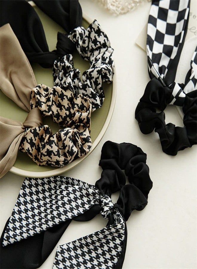 DINPREY 4PCS Short Hair Scarf with Ribbon Bow Scrunchies, Plaid Hair Ties, Chiffon Bowknot Hair Scrunchies for Women - Image 3