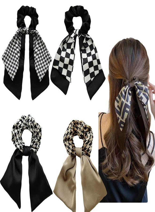 DINPREY 4PCS Short Hair Scarf with Ribbon Bow Scrunchies, Plaid Hair Ties, Chiffon Bowknot Hair Scrunchies for Women - Image 1