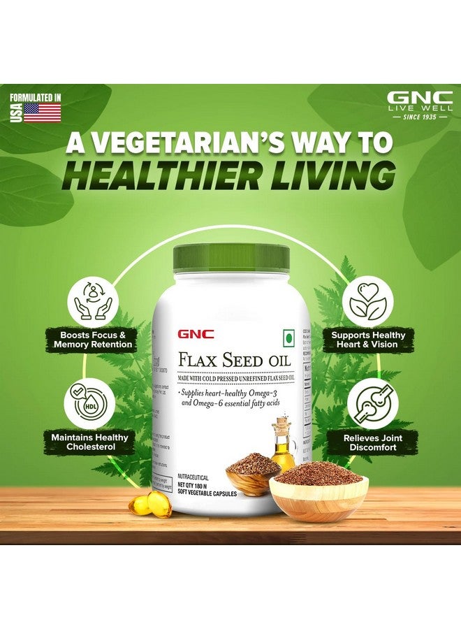 GNC Flax Seed Oil Vegetarian Omega 3s | 180 Capsules | Supports Good Memory | Protects Vision | Relieves Stiffness & Joint Discomfort | Cold-Pressed & Unrefined | USA Formulated - Image 2