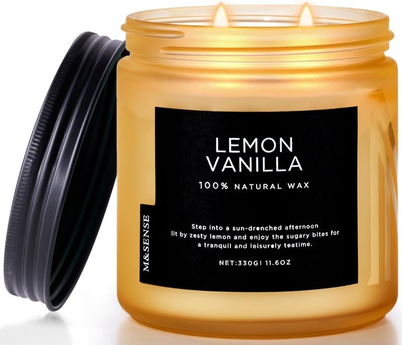 M&SENSE Lemon Vanilla Scented Soy Candles, 11.6oz, 70 Hour Burn Time, 2 Wick, Stress Relief Gifts - Image 1