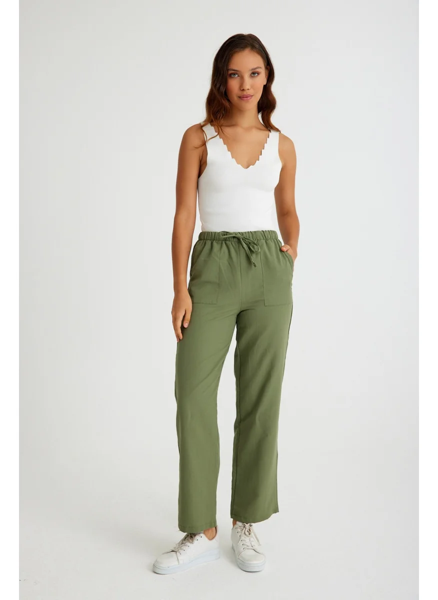 Barbora Linen Casual Trousers with Waist Tie LN14HAKI3