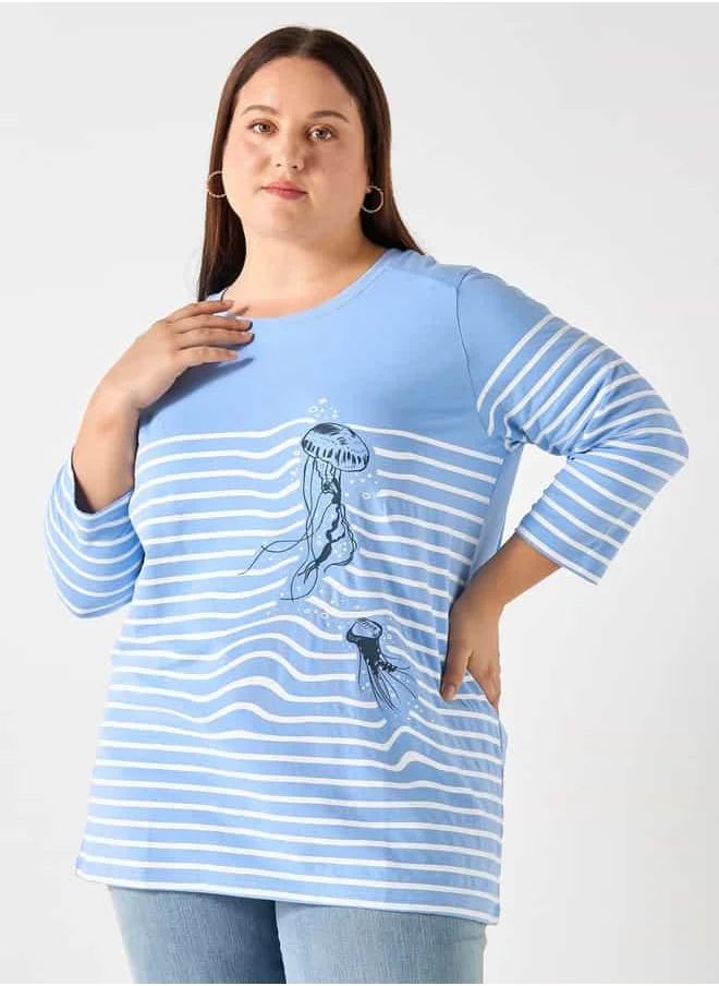 Ulla Popken Plus Size Ulla Popken Striped T-shirt with 3/4 Sleeves