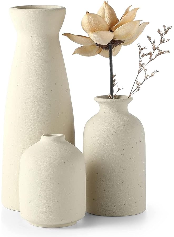 The Bros Ceramic Vase Set 3 Pcs, Boho Home Decor Vase, Modern Vases for Decor, Dried Flower Decor, Rustic Flower Vases for Shelf, Mantel, Centerpieces, Kitchen, Table(Beige) - Image 1