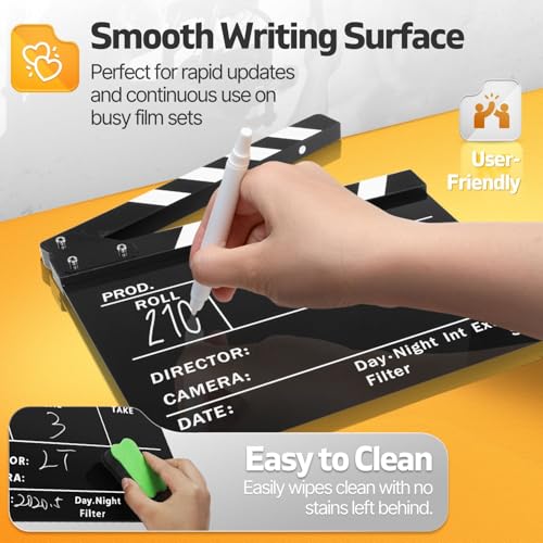 Flexzion Acrylic Plastic Clapboard Director's Clapper Board Dry Erase Cut Action Scene Slateboard for Hollywood Camera Film Studio Home Movie Video 10x12 with Black/White Sticks - Image 3