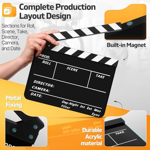 Flexzion Acrylic Plastic Clapboard Director's Clapper Board Dry Erase Cut Action Scene Slateboard for Hollywood Camera Film Studio Home Movie Video 10x12 with Black/White Sticks - Image 5