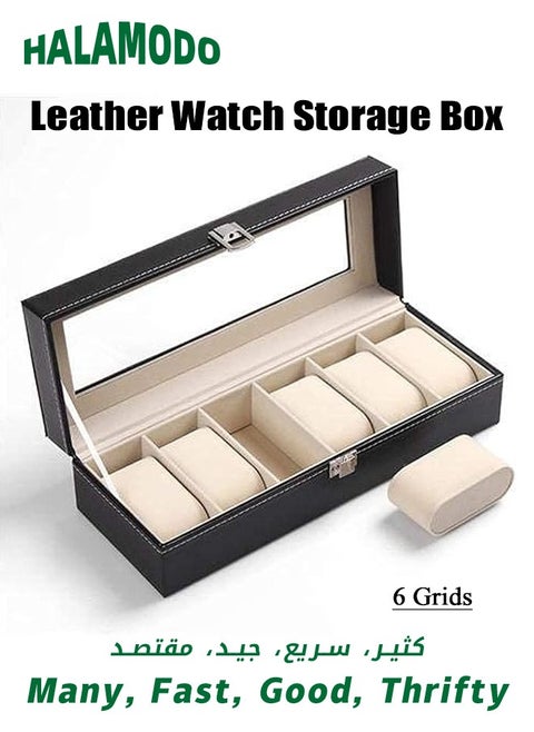Leather Watch Case, 6 Grid Watch Box, Watch Display Case, Watch Display Storage Box, with Glass Lids and Removable Pillow, Birthday Gift for Men Women