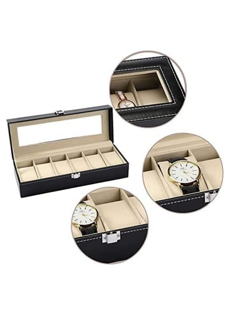 Generic - Leather Watch Case, 6 Grid Watch Box, Watch Display Case, Watch Display Storage Box, with Glass Lids and Removable Pillow, Birthday Gift for Men Women - Image 1