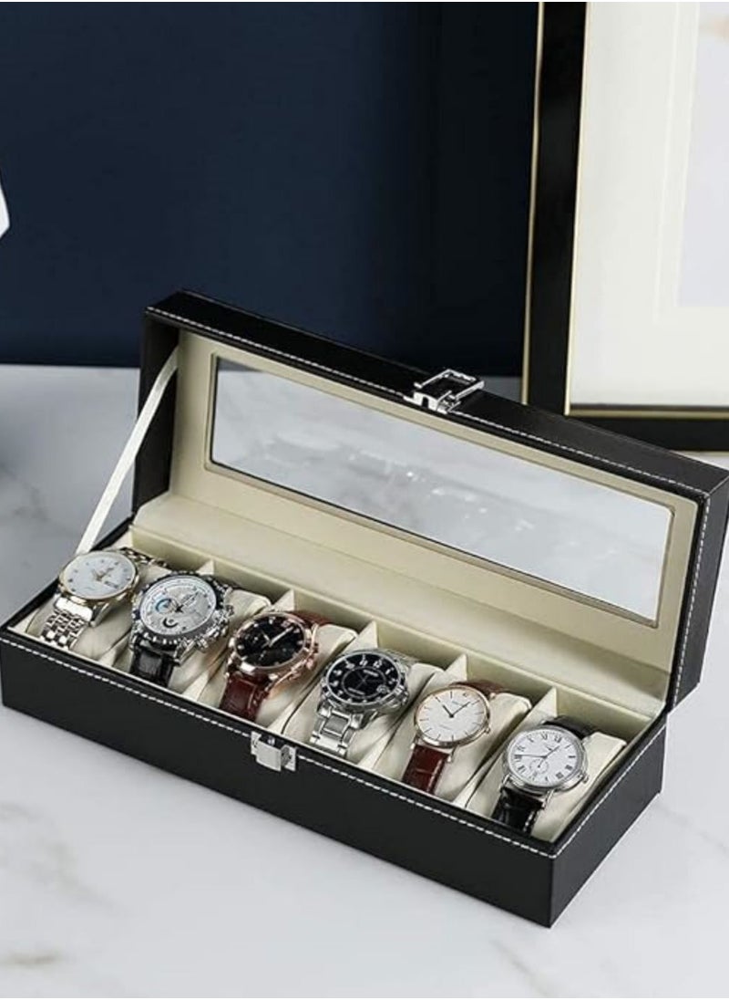 Generic - Leather Watch Case, 6 Grid Watch Box, Watch Display Case, Watch Display Storage Box, with Glass Lids and Removable Pillow, Birthday Gift for Men Women - Image 1