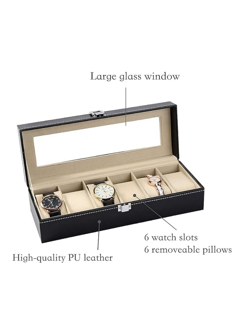 Generic - Leather Watch Case, 6 Grid Watch Box, Watch Display Case, Watch Display Storage Box, with Glass Lids and Removable Pillow, Birthday Gift for Men Women - Image 1