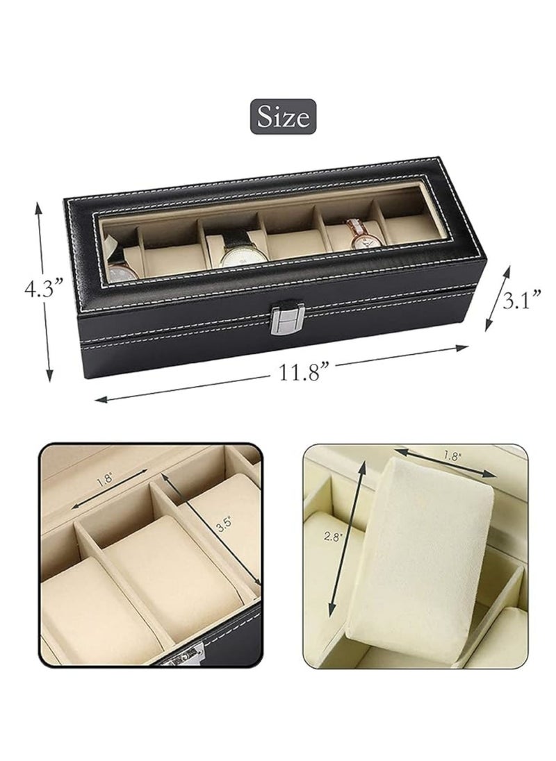 Generic - Leather Watch Case, 6 Grid Watch Box, Watch Display Case, Watch Display Storage Box, with Glass Lids and Removable Pillow, Birthday Gift for Men Women - Image 1