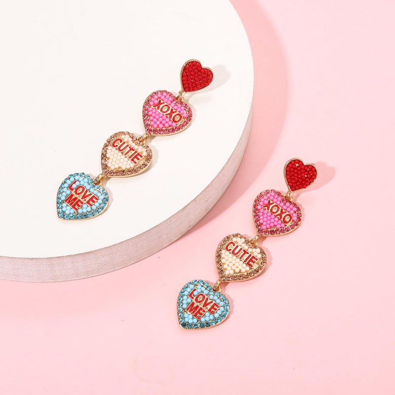 YAHPERN Valentineâ€™s Day Earrings, Beaded Heart Earrings for Women Rhinestone Glitter XOXO LOVE Earrings Valentineâ€™s Day Gifts for Her (Heart 2) - Image 5
