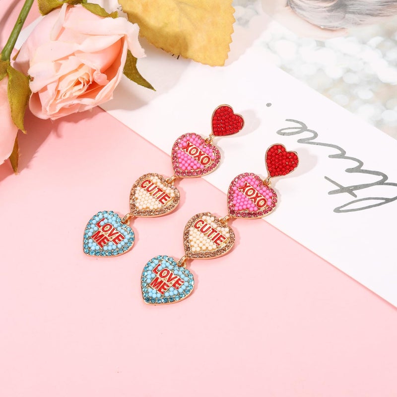 YAHPERN Valentineâ€™s Day Earrings, Beaded Heart Earrings for Women Rhinestone Glitter XOXO LOVE Earrings Valentineâ€™s Day Gifts for Her (Heart 2) - Image 2