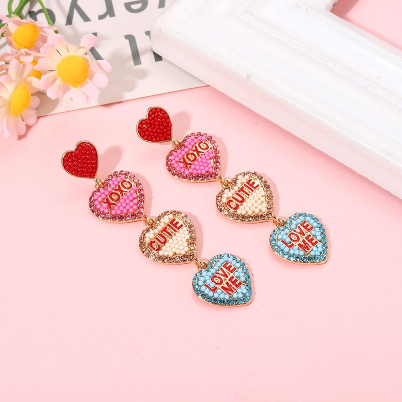 YAHPERN Valentineâ€™s Day Earrings, Beaded Heart Earrings for Women Rhinestone Glitter XOXO LOVE Earrings Valentineâ€™s Day Gifts for Her (Heart 2) - Image 4