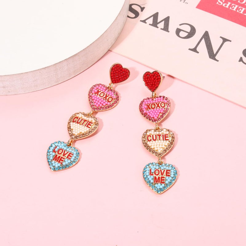 YAHPERN Valentineâ€™s Day Earrings, Beaded Heart Earrings for Women Rhinestone Glitter XOXO LOVE Earrings Valentineâ€™s Day Gifts for Her (Heart 2) - Image 3