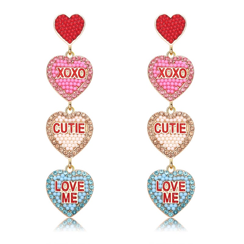 YAHPERN Valentineâ€™s Day Earrings, Beaded Heart Earrings for Women Rhinestone Glitter XOXO LOVE Earrings Valentineâ€™s Day Gifts for Her (Heart 2) - Image 1