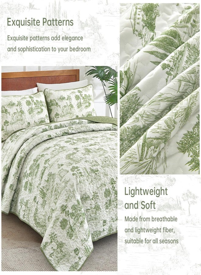 Drucon Sage Green Farmhouse Quilt Set King Size, Spring Toile Rustic Bedspreads, 3 Pieces Village Landscape Printed Coverlet, Soft Microfiber Quilt Bedding Set for All Season (106x90 Inch) - Image 5