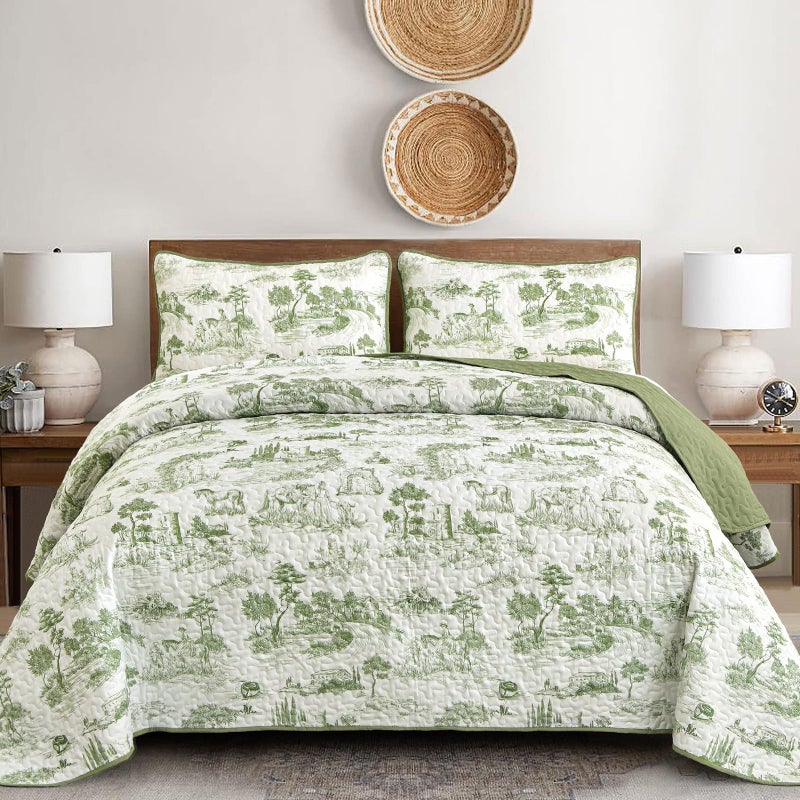 Drucon Sage Green Farmhouse Quilt Set King Size, Spring Toile Rustic Bedspreads, 3 Pieces Village Landscape Printed Coverlet, Soft Microfiber Quilt Bedding Set for All Season (106x90 Inch) - Image 1