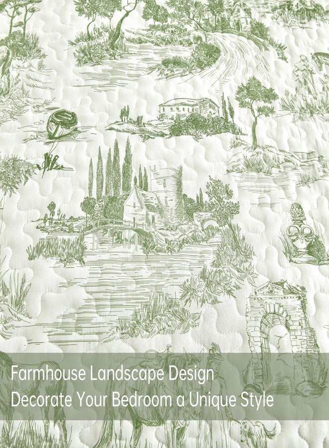 Drucon Sage Green Farmhouse Quilt Set King Size, Spring Toile Rustic Bedspreads, 3 Pieces Village Landscape Printed Coverlet, Soft Microfiber Quilt Bedding Set for All Season (106x90 Inch) - Image 4
