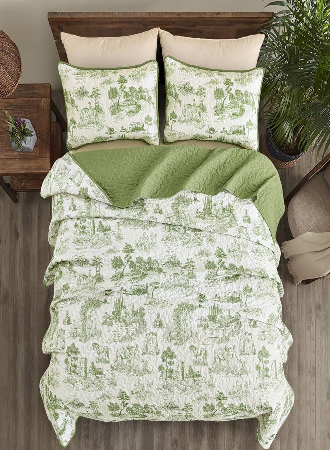 Drucon Sage Green Farmhouse Quilt Set King Size, Spring Toile Rustic Bedspreads, 3 Pieces Village Landscape Printed Coverlet, Soft Microfiber Quilt Bedding Set for All Season (106x90 Inch) - Image 3