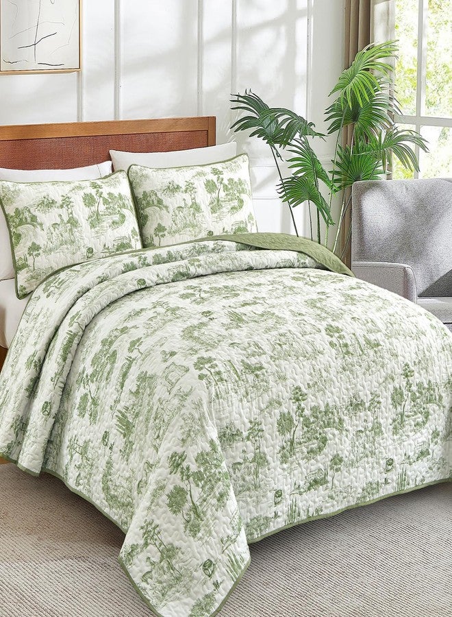 Drucon Sage Green Farmhouse Quilt Set King Size, Spring Toile Rustic Bedspreads, 3 Pieces Village Landscape Printed Coverlet, Soft Microfiber Quilt Bedding Set for All Season (106x90 Inch) - Image 2