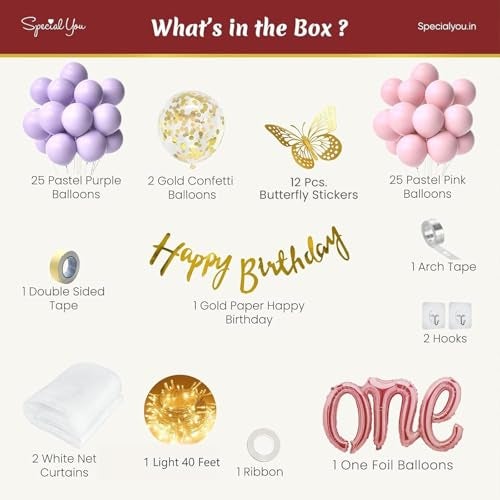 SpecialYou.in Butterfly Theme 1St Birthday Decoration Items For Girls With Pastel Pink & Purple Balloons For Birthday Decor & One Foil Balloon, Birthday Balloons For Decoration - 74 Pcs - Image 3
