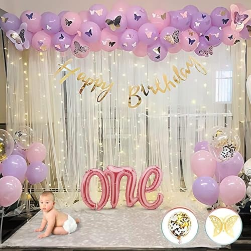 SpecialYou.in Butterfly Theme 1St Birthday Decoration Items For Girls With Pastel Pink & Purple Balloons For Birthday Decor & One Foil Balloon, Birthday Balloons For Decoration - 74 Pcs - Image 4