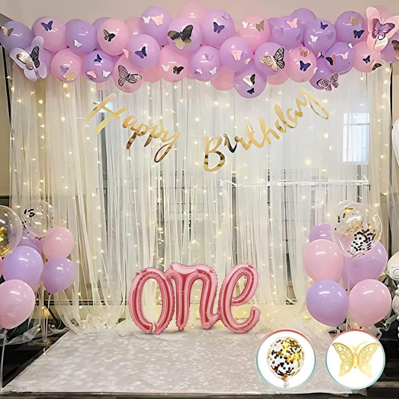SpecialYou.in Butterfly Theme 1St Birthday Decoration Items For Girls With Pastel Pink & Purple Balloons For Birthday Decor & One Foil Balloon, Birthday Balloons For Decoration - 74 Pcs - Image 2