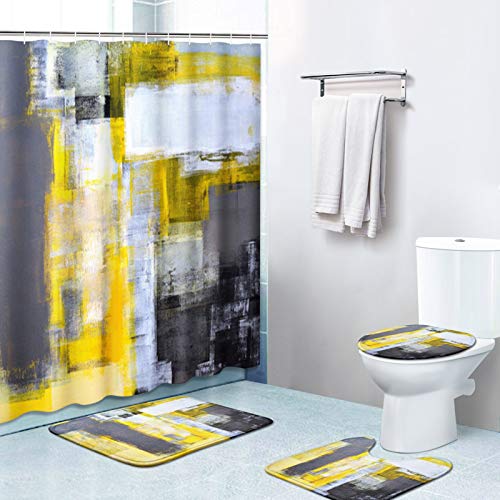 Britimes Britimes 4 Piece Shower Curtain Sets with 12 Hooks Yellow Gray White with NonSlip Rugs Toilet Lid Cover and Bath Mat for Bathroom Decor Set 72 x 72 