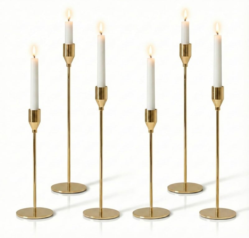Pickood Solid Taper Candle Holders Set of 6, Champagne Gold Long Skinny Candlestick (Heights: 9/11/13 Inch), Heavy Iron Anti-Slip Base for Fireplace Mantle Table Centerpiece Christmas Decor - Image 1