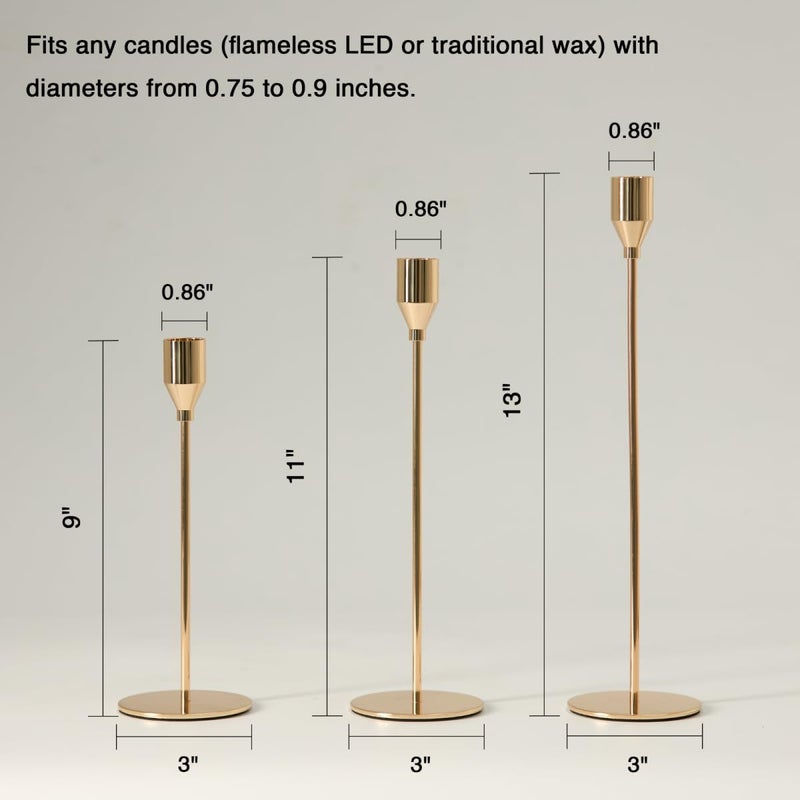 Pickood Solid Taper Candle Holders Set of 6, Champagne Gold Long Skinny Candlestick (Heights: 9/11/13 Inch), Heavy Iron Anti-Slip Base for Fireplace Mantle Table Centerpiece Christmas Decor - Image 5