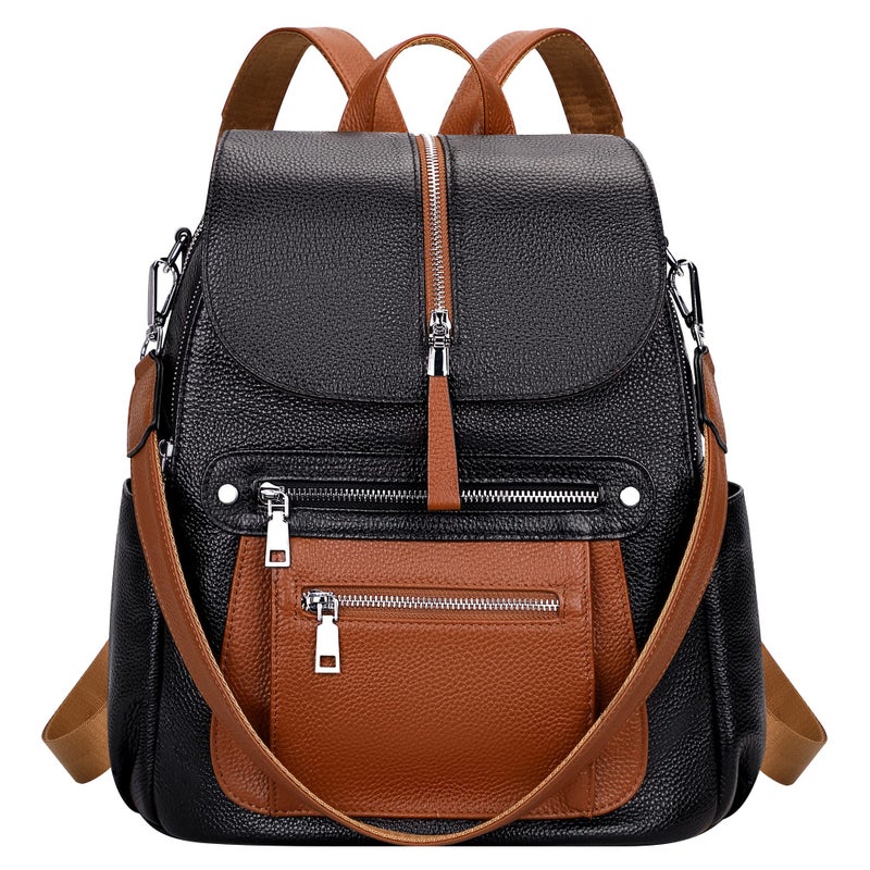ALTOSY Leather Backpack Purse for Women Fashion Casual Handbag with Multi Pockets and Flap (S107 Black/Brown) - Image 1