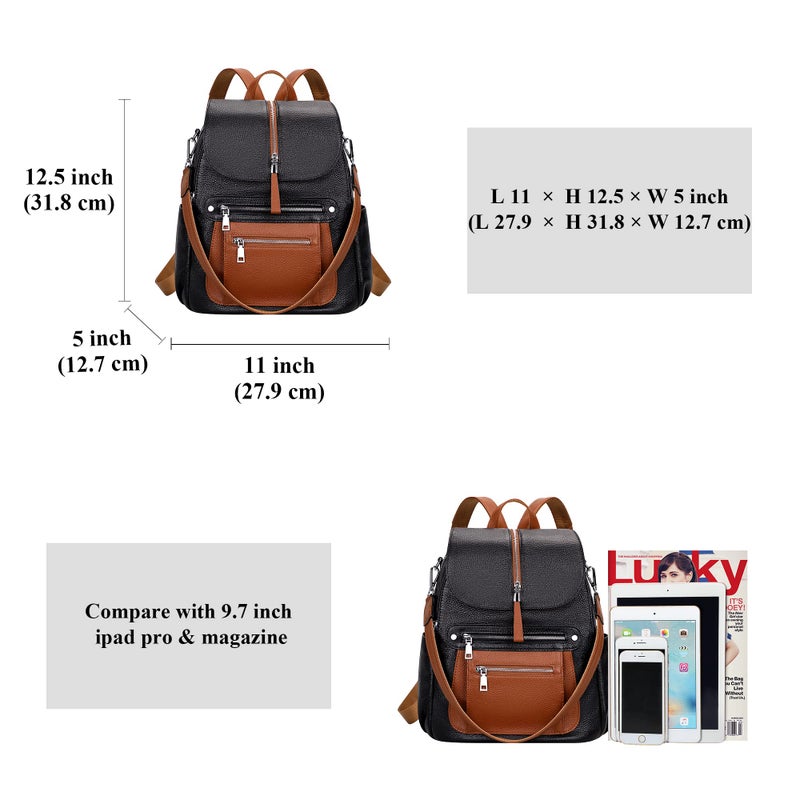 ALTOSY Leather Backpack Purse for Women Fashion Casual Handbag with Multi Pockets and Flap (S107 Black/Brown) - Image 5
